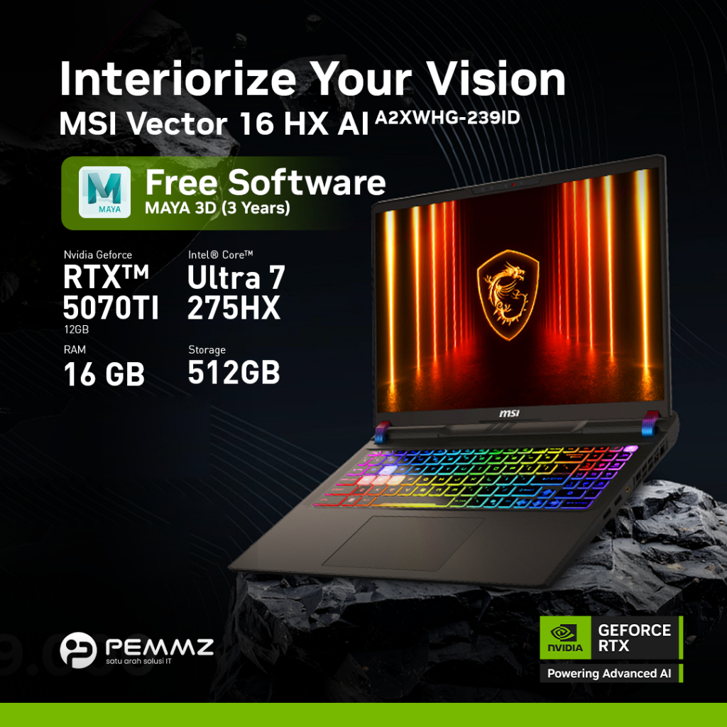 Paket Laptop Desain Interior MSI Vector 16 HX AI A2XWHG 239ID GeForce RTX™ 5070Ti 12GB 100% DCI-P3 U