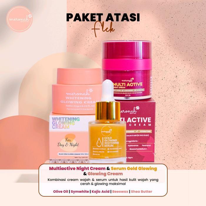 Meronah Whitening Glowing Cream+Multiactive AntiAging+Serum GoldGlowing <PAKET FLEK TERLARIS> 3in1