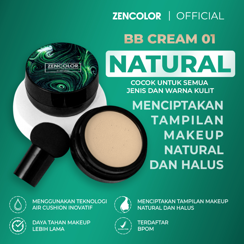 ZENCOLOR BB Cream 01 Natural - BPOM - Air Cushion - Matte Finish - Moisturizing Foundation