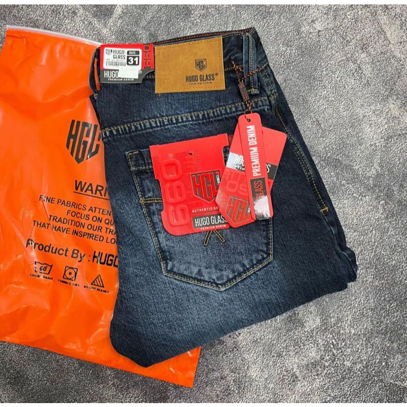 HUGO GLASS Jeans Panjang Pria – Denim Slimfit Bahan Corvus Import, Selvedge Original