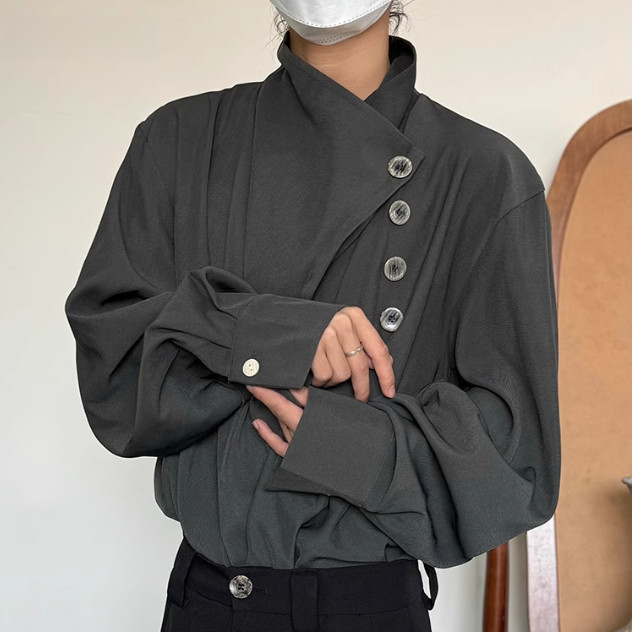 Kemeja Desain Retro Pria Baju Kasual Longgar Lengan Panjang Tidak Beraturan