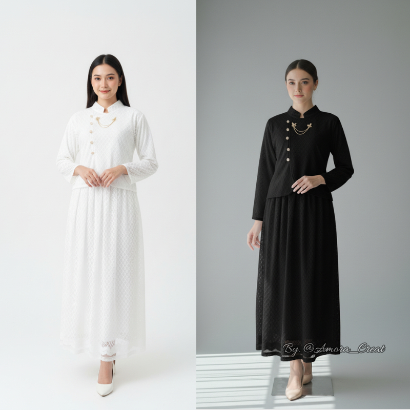 Amora_Creat Set Kebaya Janggan Modern Tunik Kebaya Putih Mewah