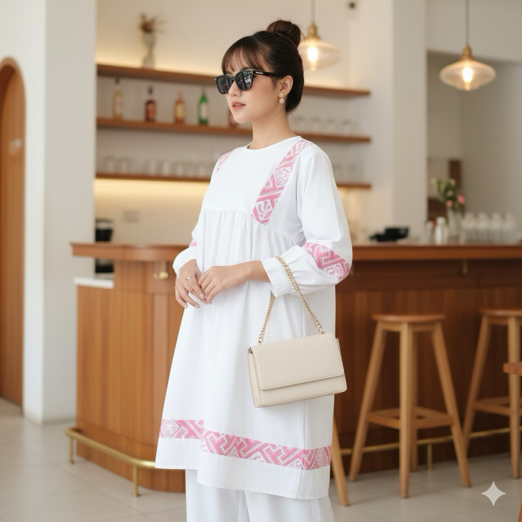 Shanaya Baju Batik Wanita Muslimah Set Tunik Raya Kulot Bahan Toyobo Warna Putih Kombinasi batik tun
