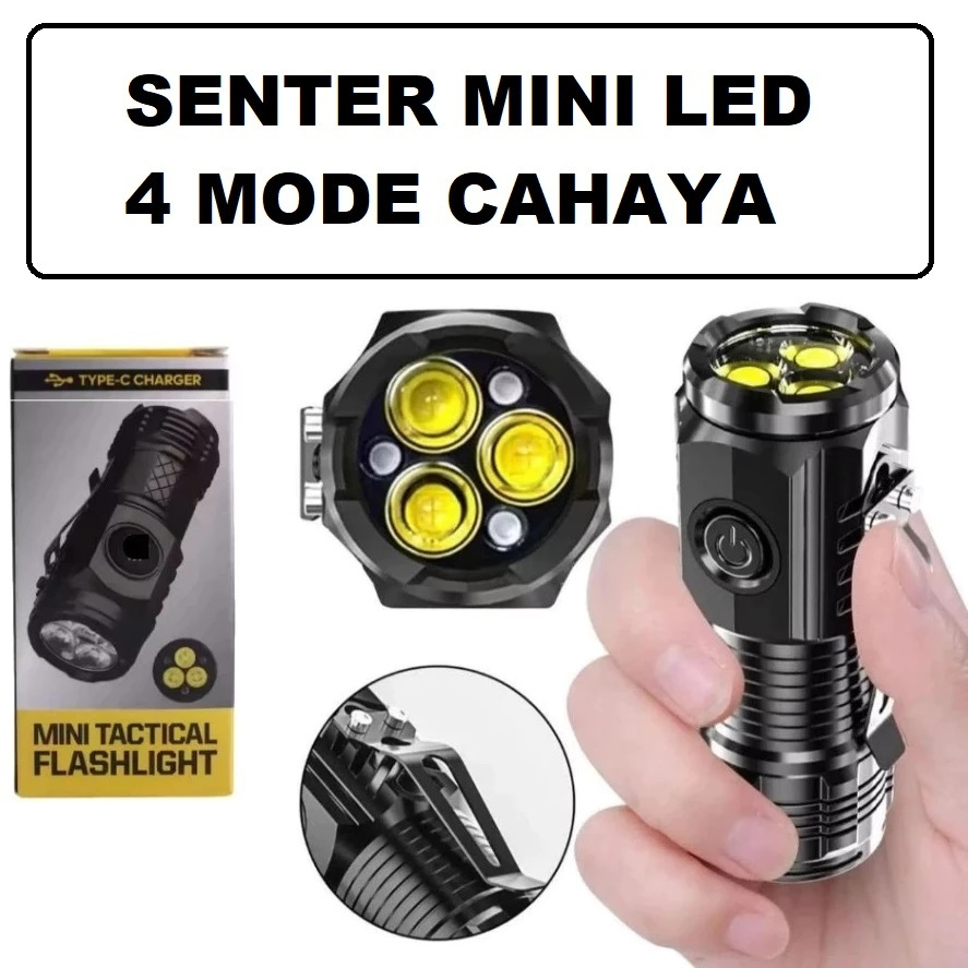 Senter Mini 3 Mata Led Lampu Swat Outdoor Magnetic 4 Mode Cahaya Senter Camping Hiking