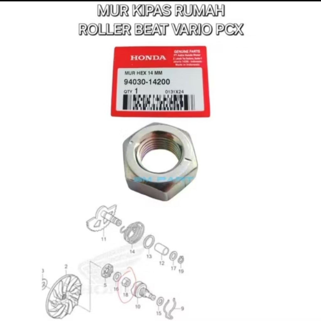 Mur Kipas Rumah Roller Nut Hex 14mm beat Vario PCX 94030-14200