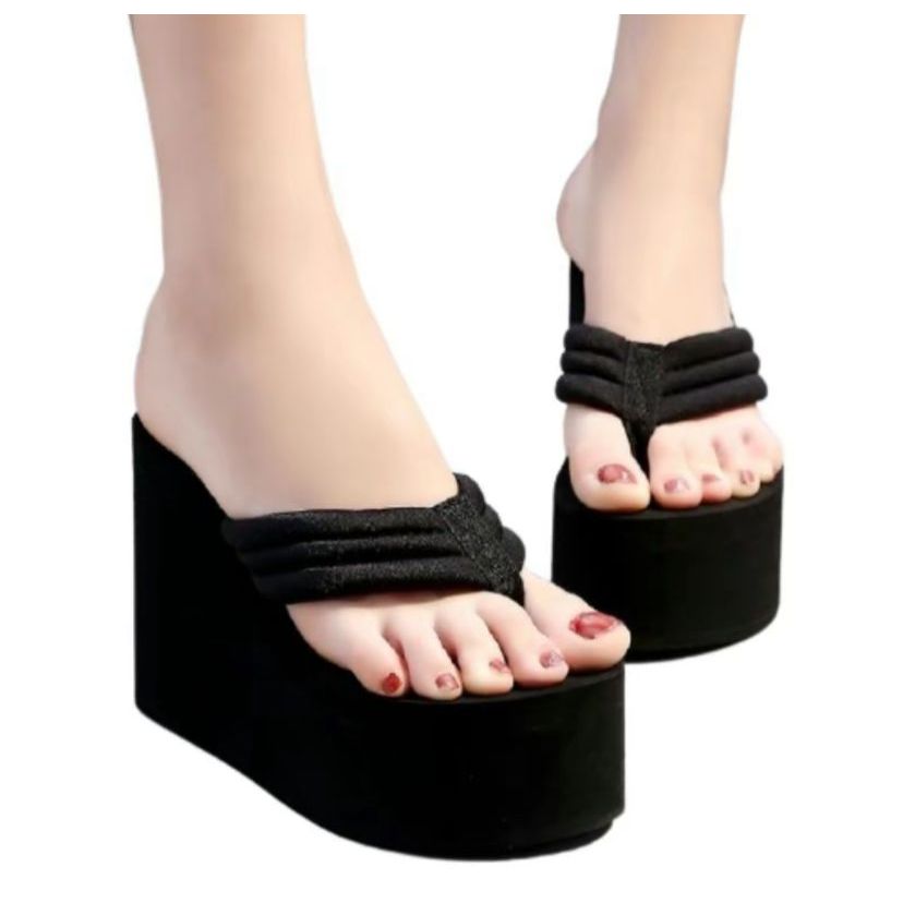 Sendal Wedges Wanita Polos Hitam Hak tinggi 9CM/Sendal jepit Cewek Model Polos Kekinian