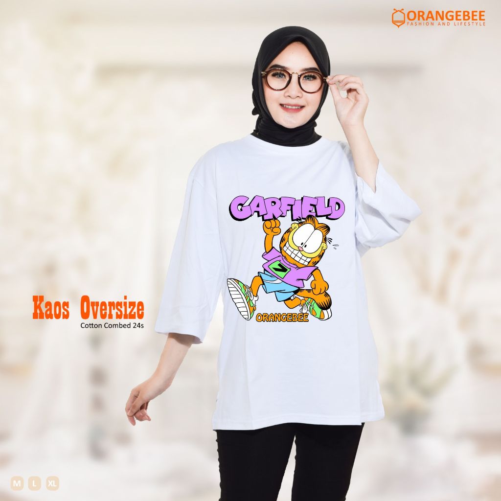 Kaos Oversize Wanita/Kaos Wanita/kaos cewek/Oversize/OrangeBee/Putih-Garfield