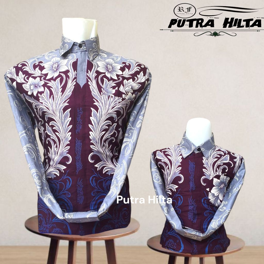 batik couple Burgundy ayah dan anak laki laki lengan panjang bahan katun lapis furing Premium/batik 