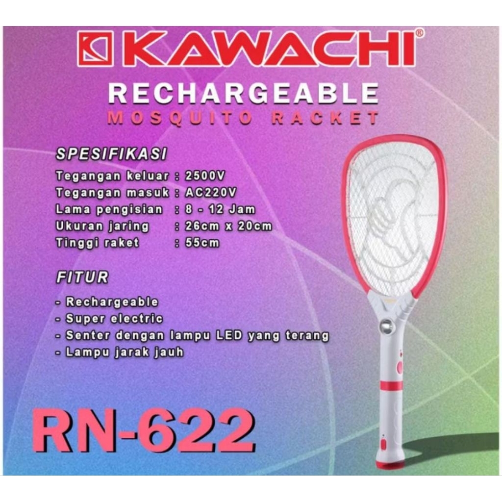 Raket Nyamuk RN 622 Kawachi Raket nyamuk cas rechargeable lampu led Raket nyamuk double layer triple