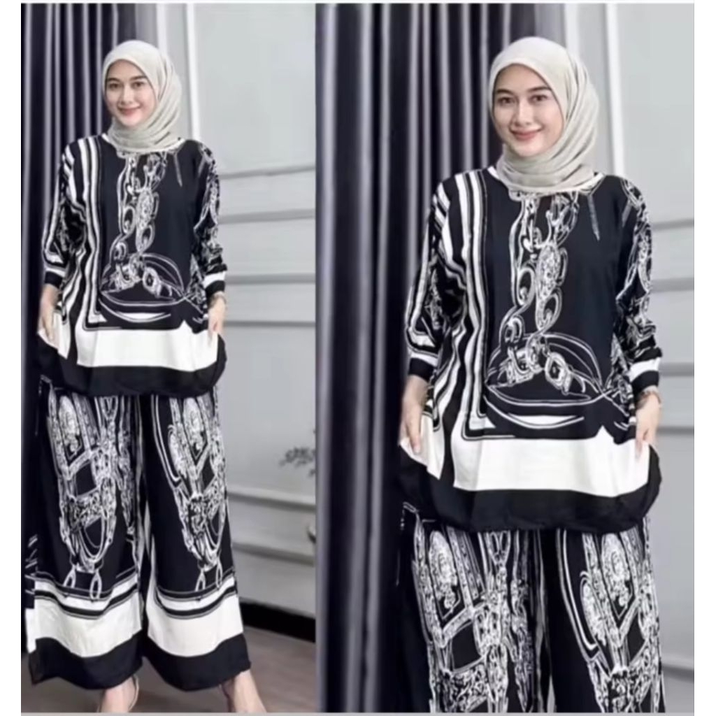 Stelan Wanita Rayon Bahan Adem Casual Motif batik Hitam Putih Kualitas Premium Atasan Kemeja & Blous