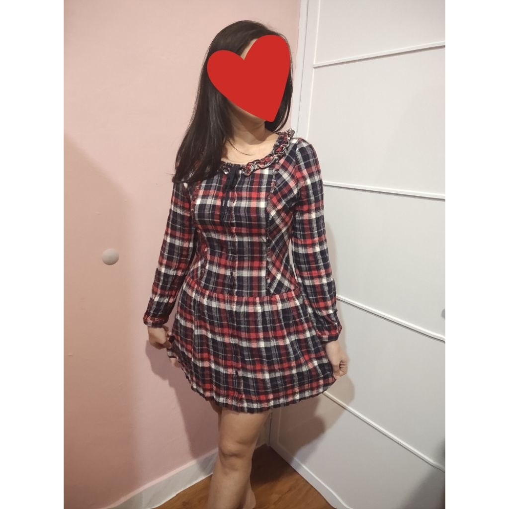 Dress kotak merah, tunik kotak merah elegant