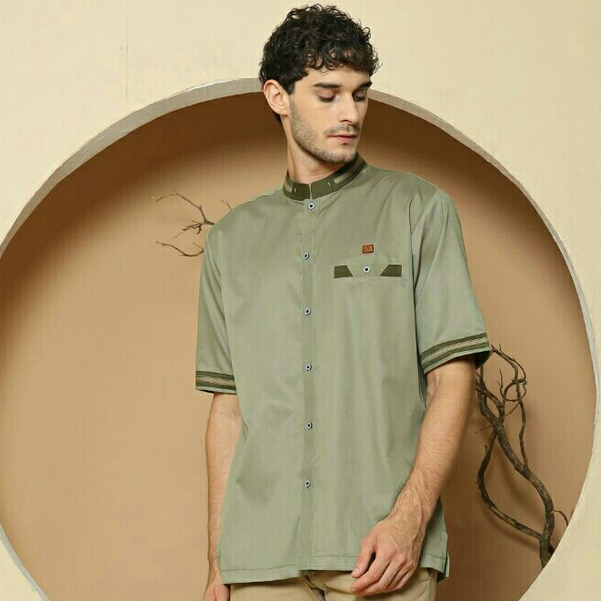 Baju Koko Pria Dewasa Lengan Pendek Atasan Fashion Muslim Warna Sage Green