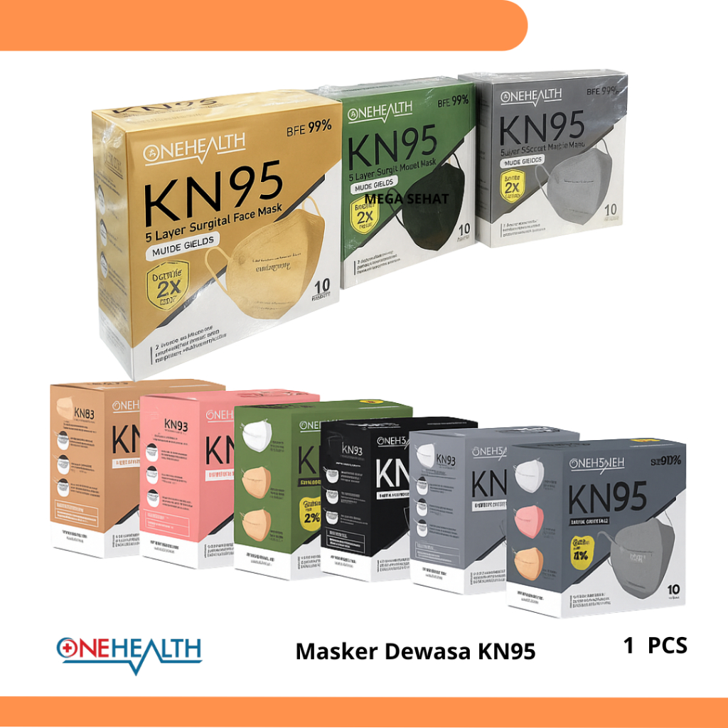 Masker KN95 OneHealth 5 Lapis Medis Dewasa Earloop Facemask Disposable Isi 10 Box Masker Anti Debu &