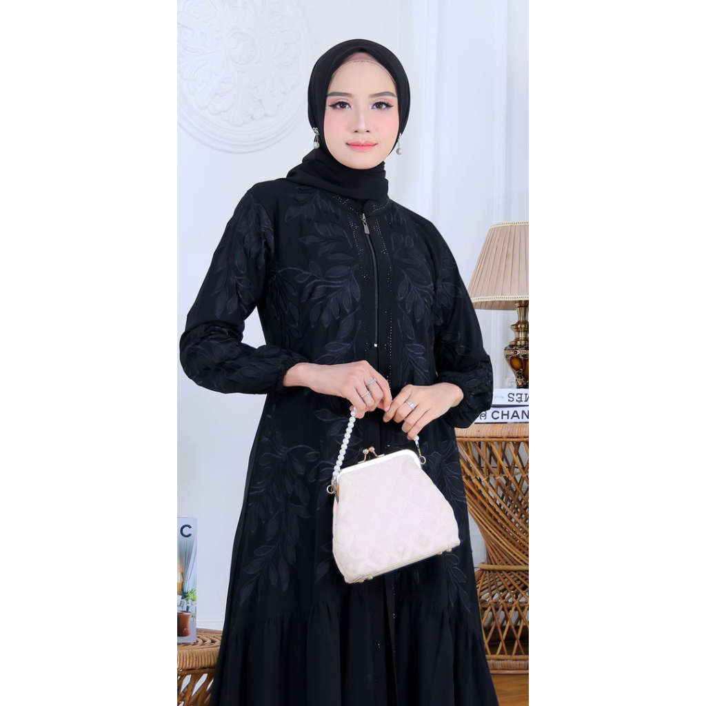 GAMIS ABAYA TURKEY BUSUI DAUN 01 ABAYA JERSEY MIX CERUTY HITAM DAN PUTIH