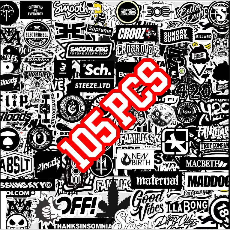 

Stiker Brand Distro 105 picis sudah cutting tinggal tempel hitam putih tanti air |KODE B055