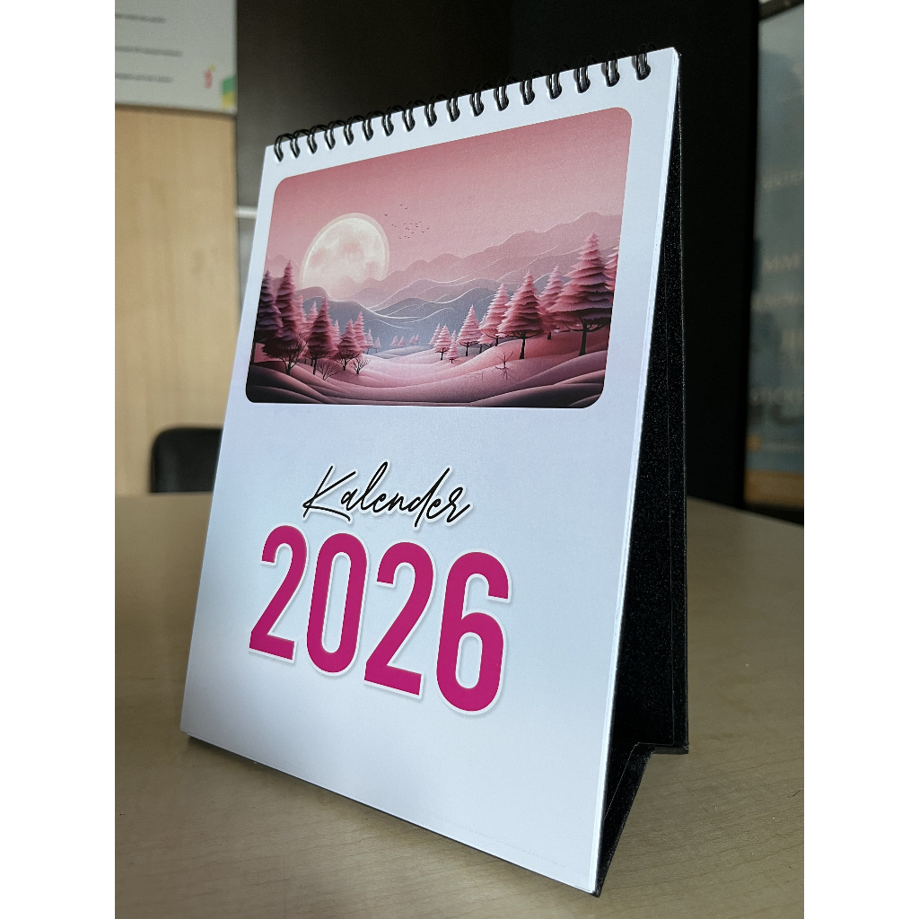 

Kalender Meja 2026 Custom – 13 Lembar 2 Sisi, Tatakan Linen, Free Template