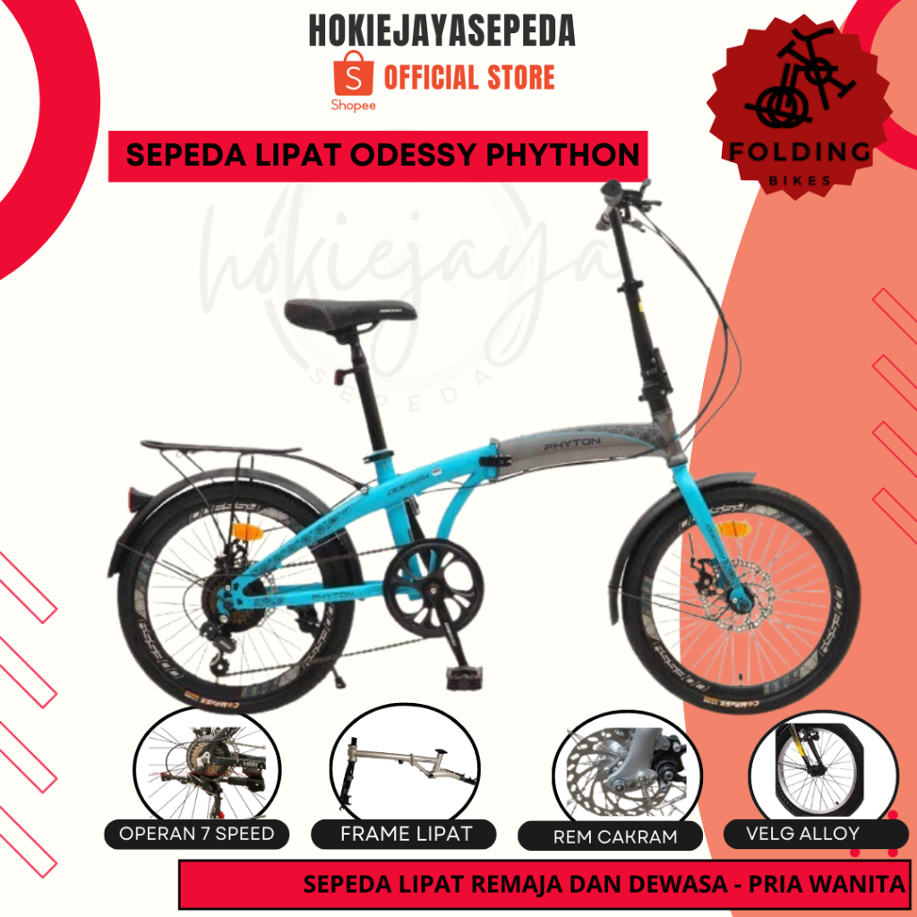 Sepeda Lipat ODESSY PHYTON 16" -20" 7 speed rem cakram dengan boncengan dan spakbor