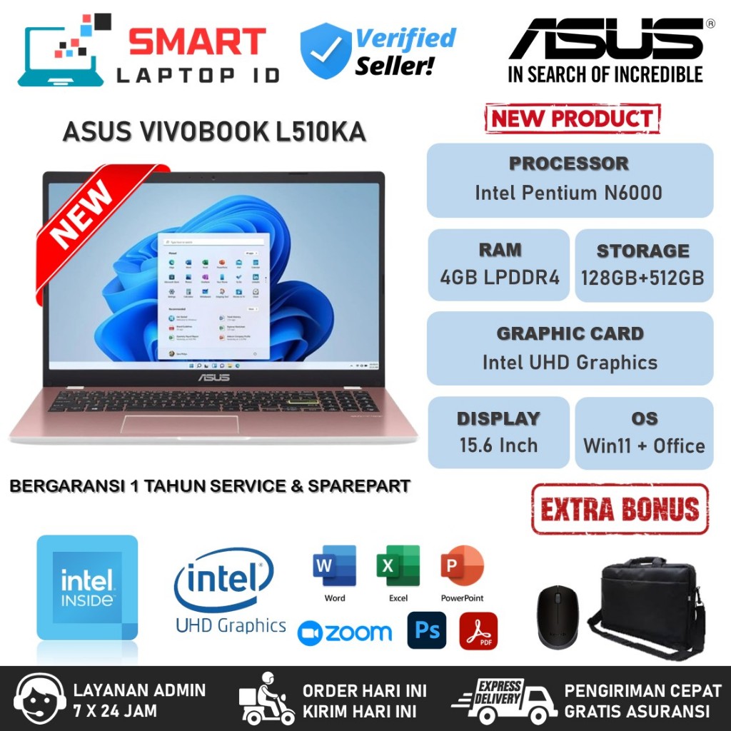 ASUS L510KA Pentium N6000 4GB 512GB SSD 15.6 Windows 11 Home + Office Rose Pink