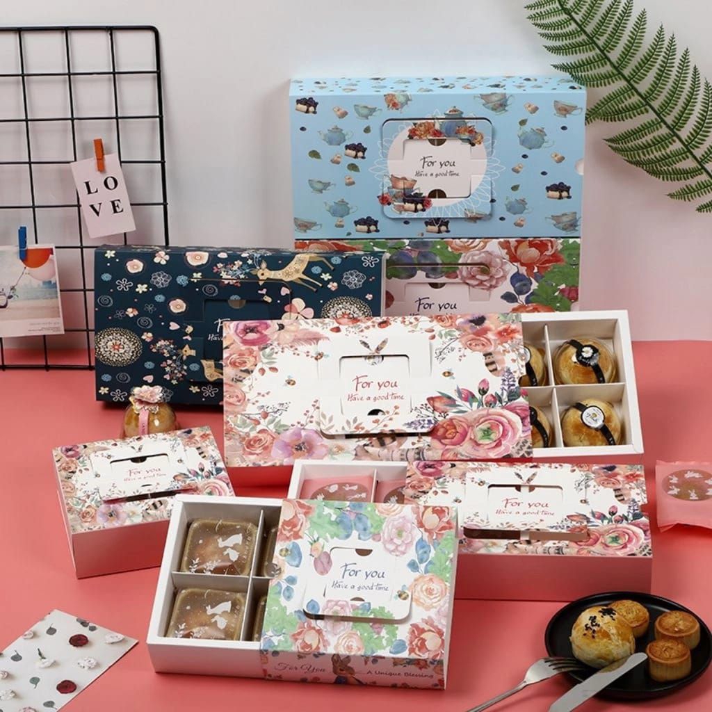 Box / Dus kotak kue Sekat 4 Kotak Kue Mooncake Nastar Kue Bulan Motif Bunga