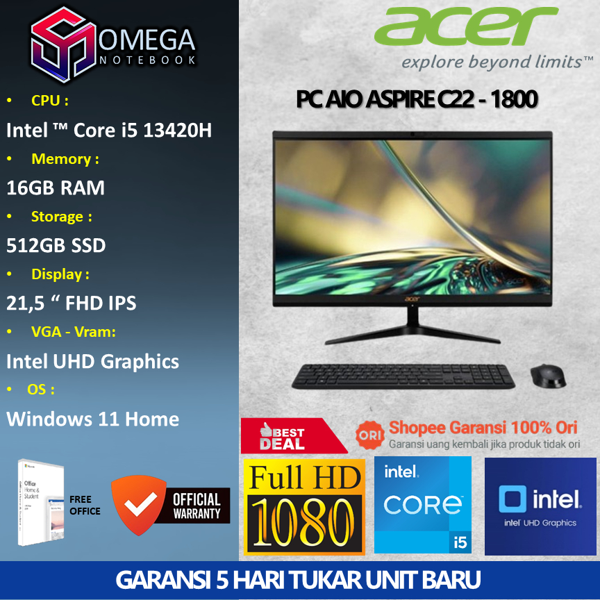 ACER PC All In One Aspire C22 1800 Core i5 13420H 16GB DDR4 512GB SSD 21,5" FHD  Windows 11 + OHS
