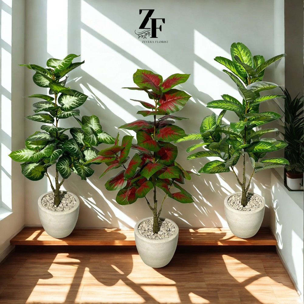 Pohon Hias Palsu Tanpa Pot Daun Keladi 3 Batang Plastik Bunga Artificial Dekorasi Ruangan