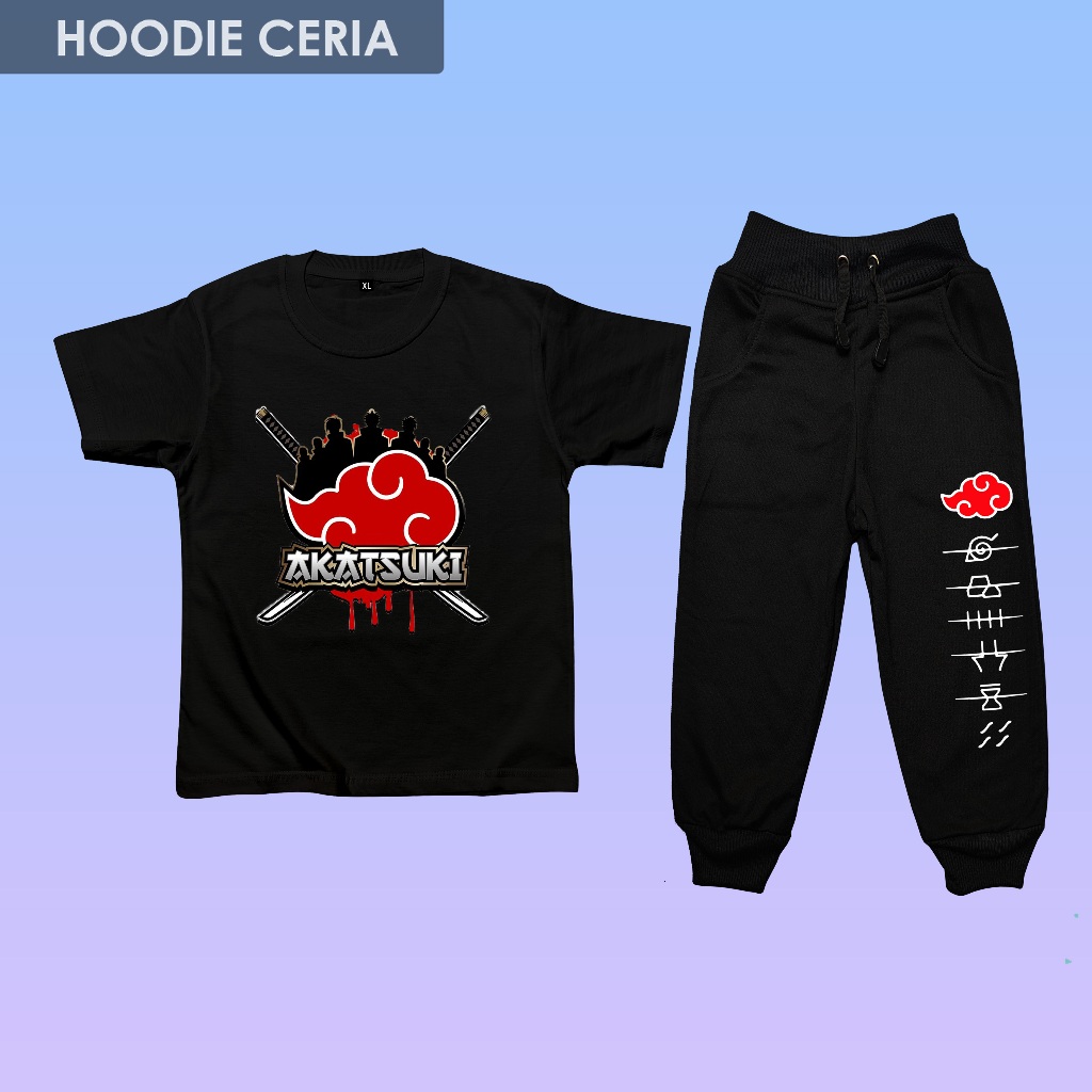 Setelan Baju Anak Akatsuki Naruto / Set Kaos Dan Celana Akatsuki Anak