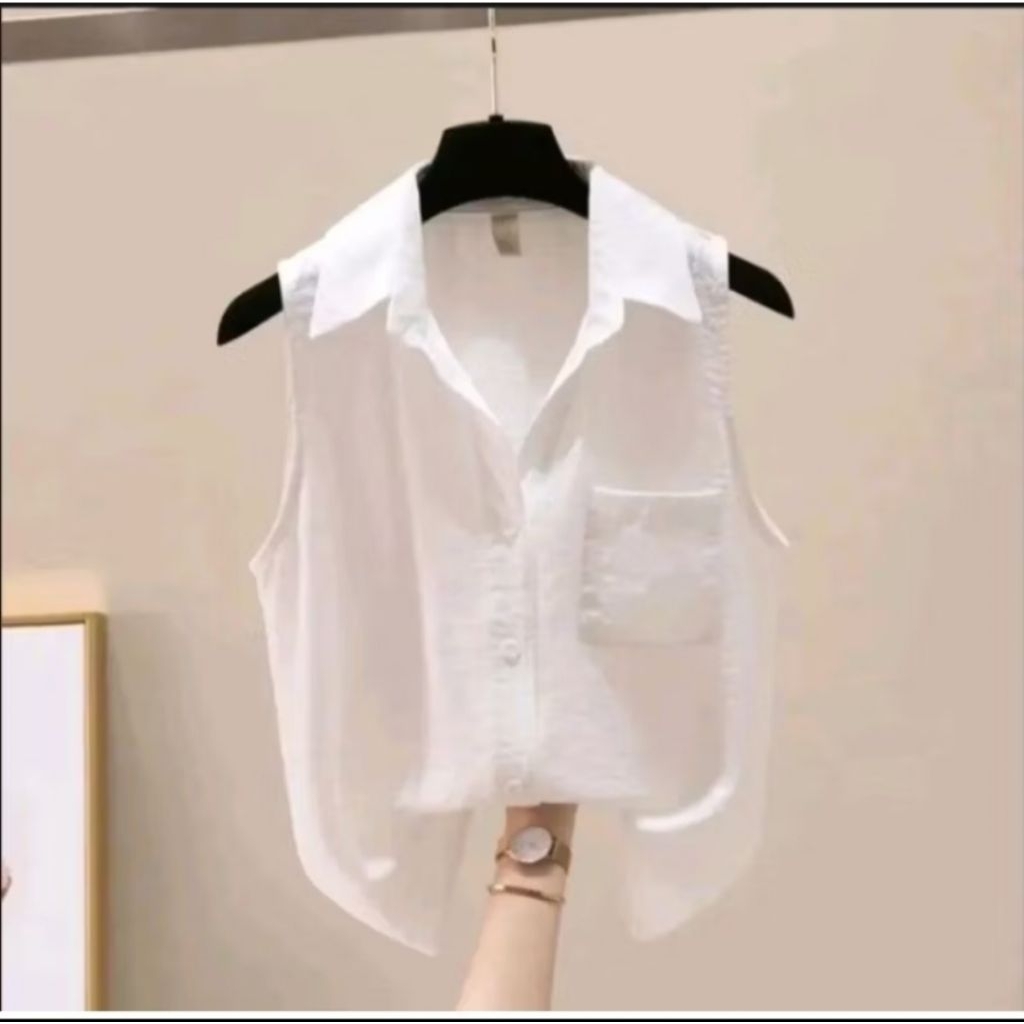 Atasan putih tanpa lengan bahan crinkle adem