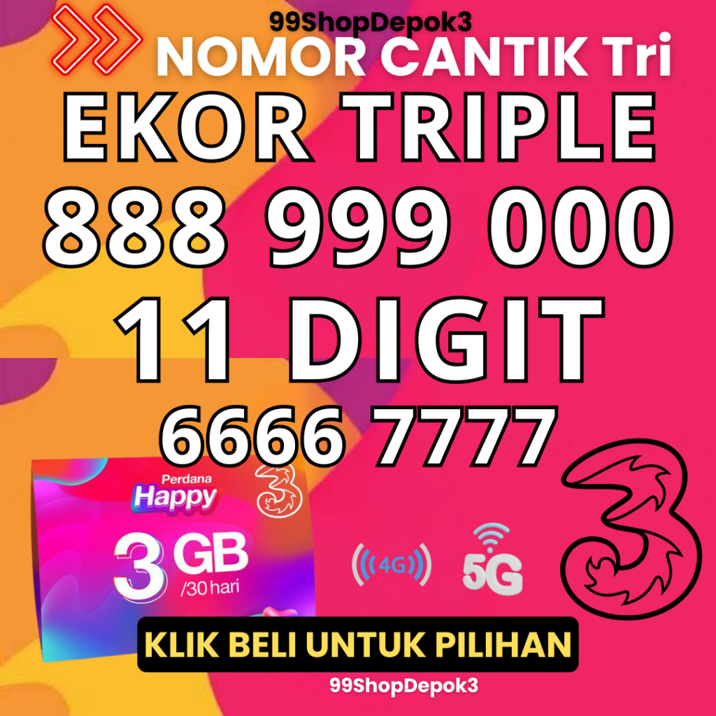 Kartu Perdana Nomor Cantik Tri 11 Digit - Nomor Cantik 3 4g 5g - Tri Triple 888 999 000 77777 88888