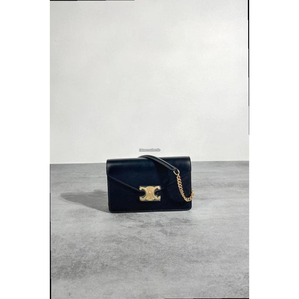 Celine Triomphe Margo Wallet On Chain In Black Shiny Calfskin
