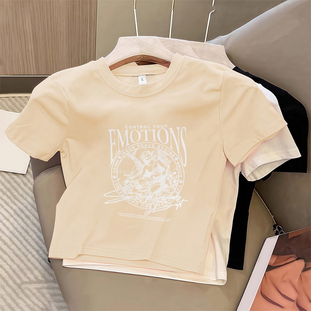 LYBH Baju Pendek Wanita Crop Top Ketat Cream  Polos Wanita Korea Retro Print Street Style Baju Basic