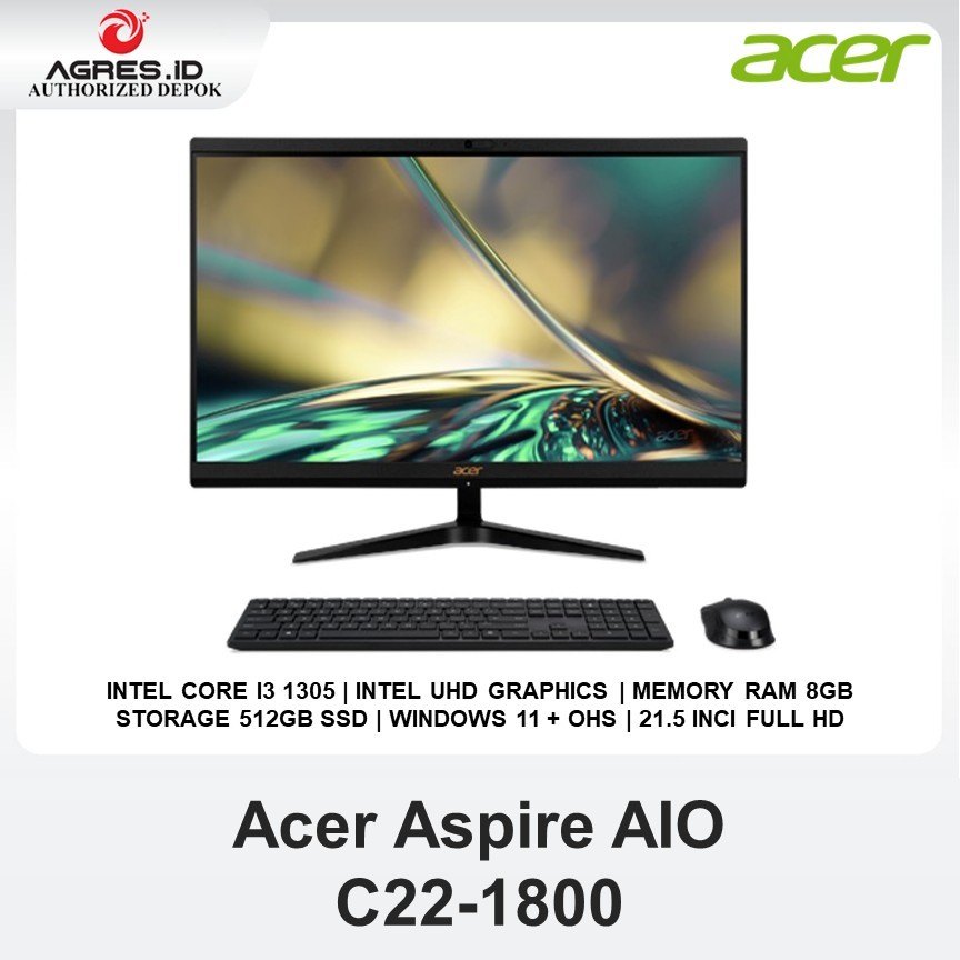 Acer AIO Aspire C22-1800 | Intel Core i3-1305 | RAM 8GB 512GB SSD | Windows 11 +OHS | 21.5 Full HD