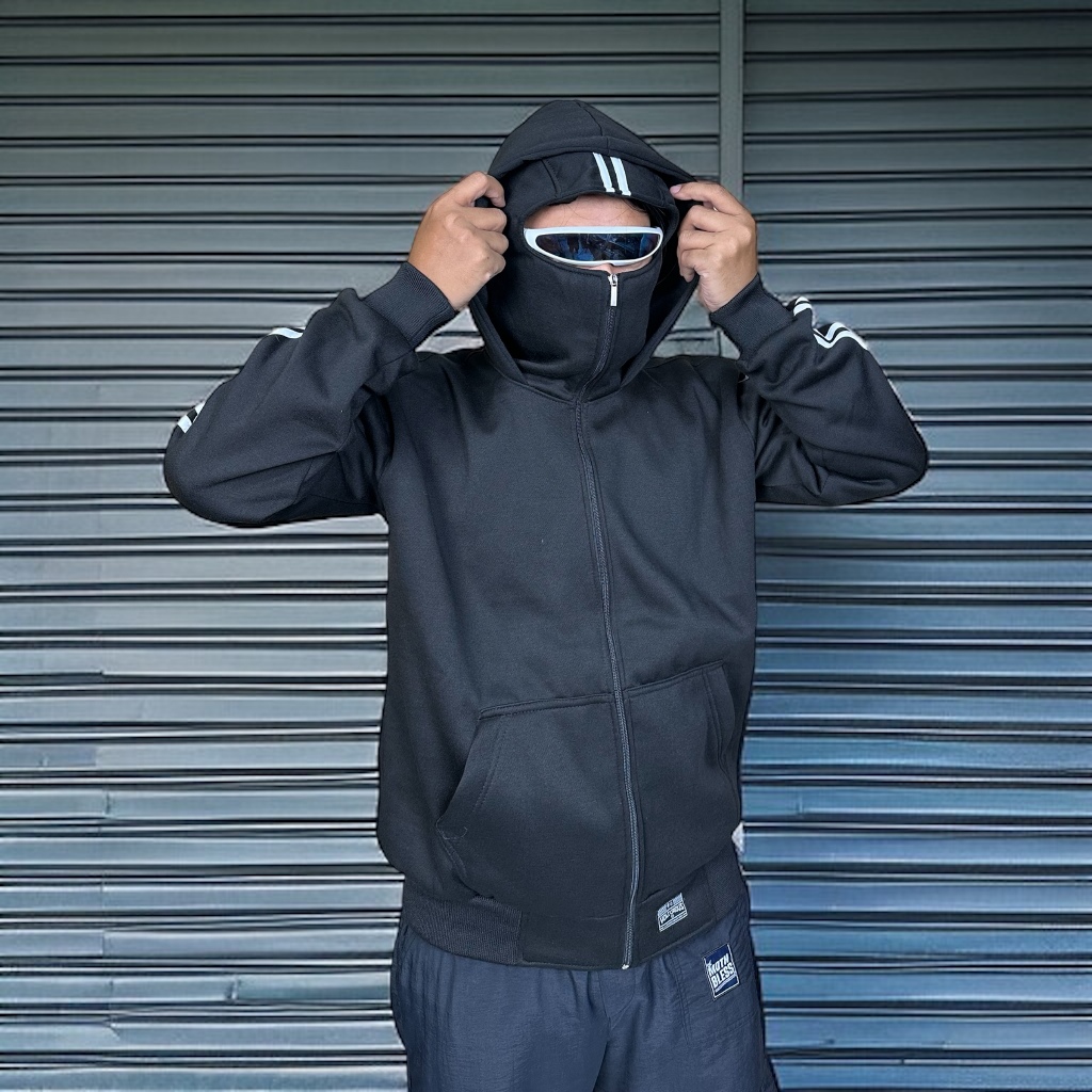 Jaket Hoodie Zipper Ninja Pria Full Face Streetwear Balaclava Kekinian Polos Motif Garis