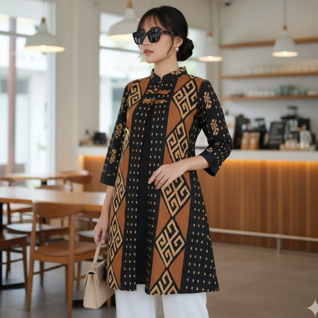 Shanaya Baju Batik wanita modern Safa tunik semi outer motif tenun batik kekinian