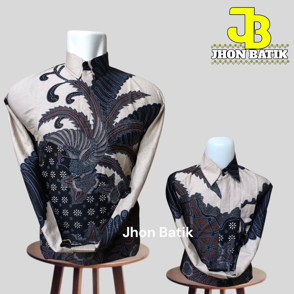 Atasan Kemeja Batik Ayah Dan Anak Warna Hitam Cream Motif Elegan Bahan Katun Solo Lapis Furing Premi