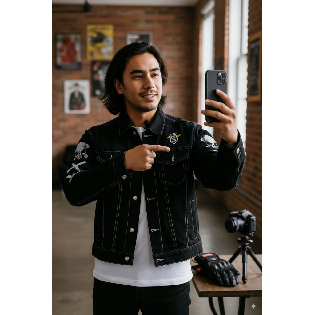 Jaket Jeans Pria Hitam Polos Motif Bordir