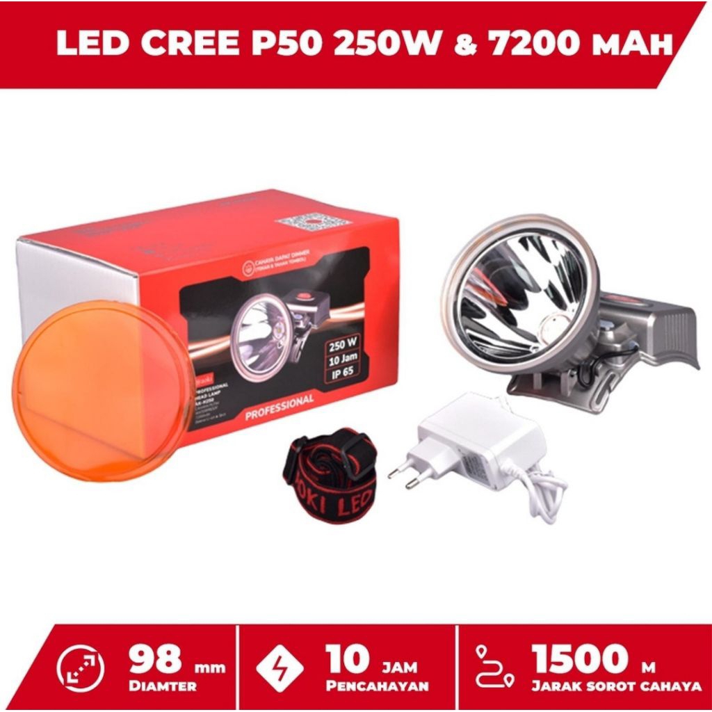 Senter Kepala LED 250W AOKI AK-H250 Super Terang 7200mAh Tahan 10 Jam Waterproof
