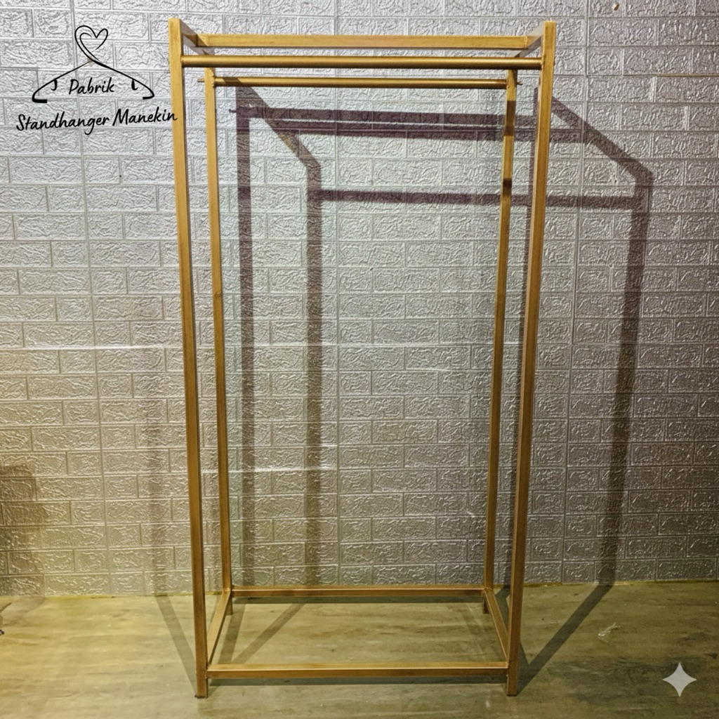 StandHanger Gold Besi Kotak 2 Sisi Hambalan |  Gawangan Baju Gold Besi Kotak 3 Sisi Pipa Holow | Tia