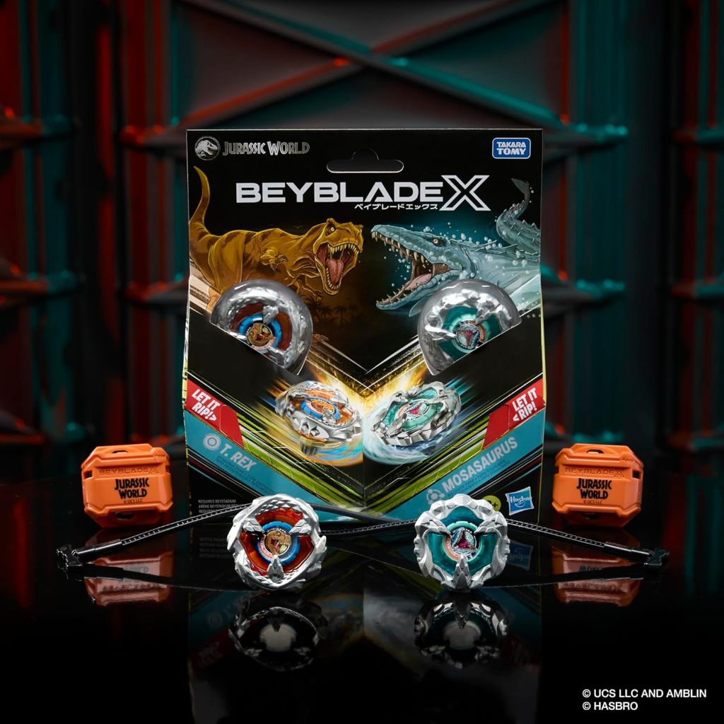HEMAT SET MULTIPAK KOLABORASI BEYBLADE X JURASSIC WORLD T. REX VS. MOSASAURUS, 2 ATASAN TAKARA TOMY,