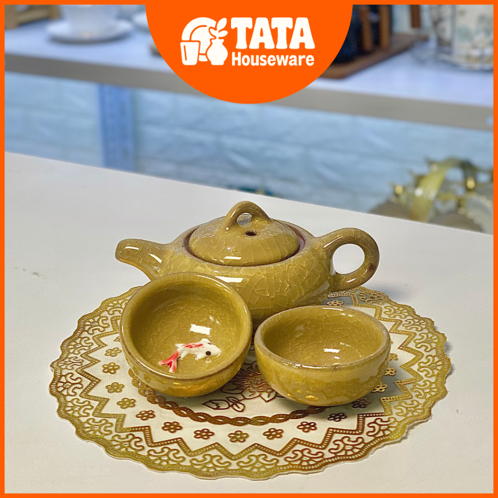 [TATA] Chinese Tea Set Keramik / Teko Teh Tradisional Ikan Koi Keramik Kuning / Tea Set Kuning Keram