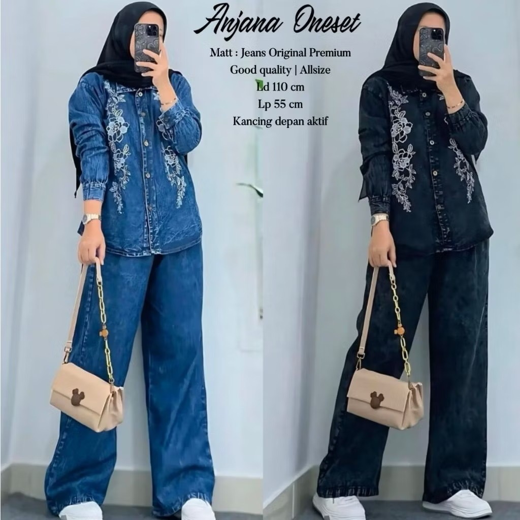 Setcel Wanita Jeans Bordir Washed Premium Import Terbaru One Set Perempuan Jumbo Terlaris Stylee Tre