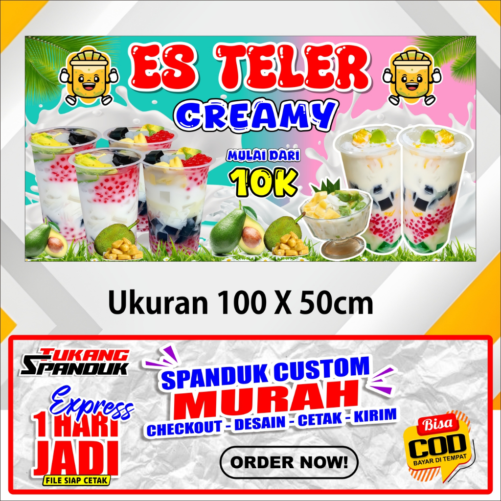 Banner ES TELER CREAMY  , Spanduk  ES TELER CREAMY ukuran 100X50 cm, COD / Banner ES TELER CREAMY  ,