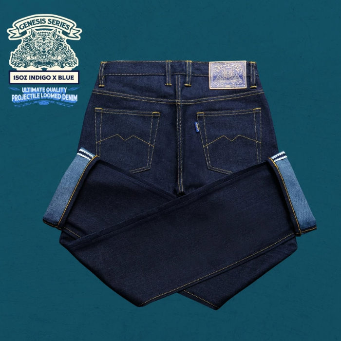 Denim Celana Jeans Sage Genesis Series : 15oz Indigo x Blue Ultimate Quality Projectile Loomed Denim