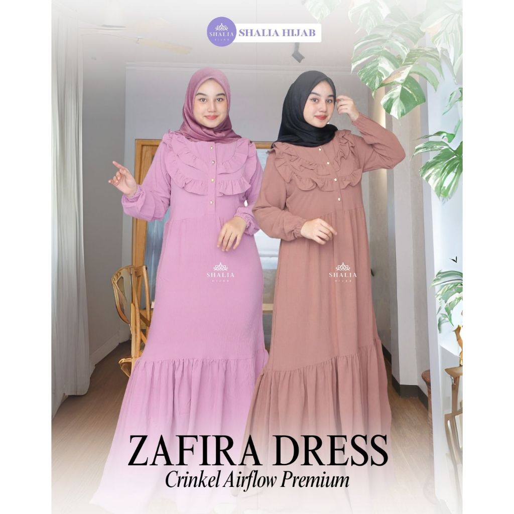 Shalia Hijab - Zafira Gamis Crinkel Airflow Premium Double Ruffle Busui Friendly Dress Kondangan
