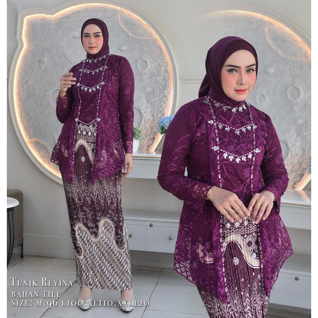 Setelan Kebaya Tunik Revina/Set Kebaya Tunik Brokat Payet Rok Plisket/Kebaya Tunik Kutu Baru Modern