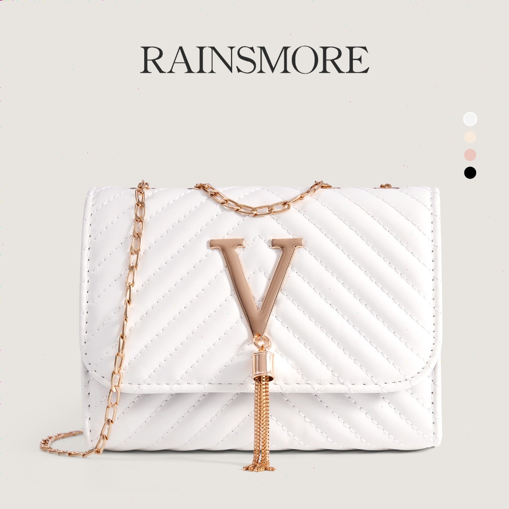 RAINSMORE Tas Selempang Trendi - Desain Strip & Sulam Eksklusif dengan Hiasan Rumbai V-Shape untuk G