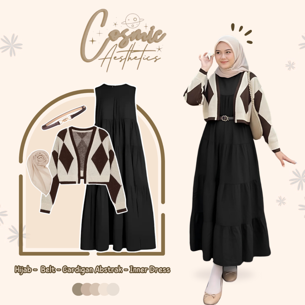 Joana Set 4in1 Outfit Wanita Kekinian | Cardigan Rajut Abstrak + Inner Dress Ruffle Busui Friendly +