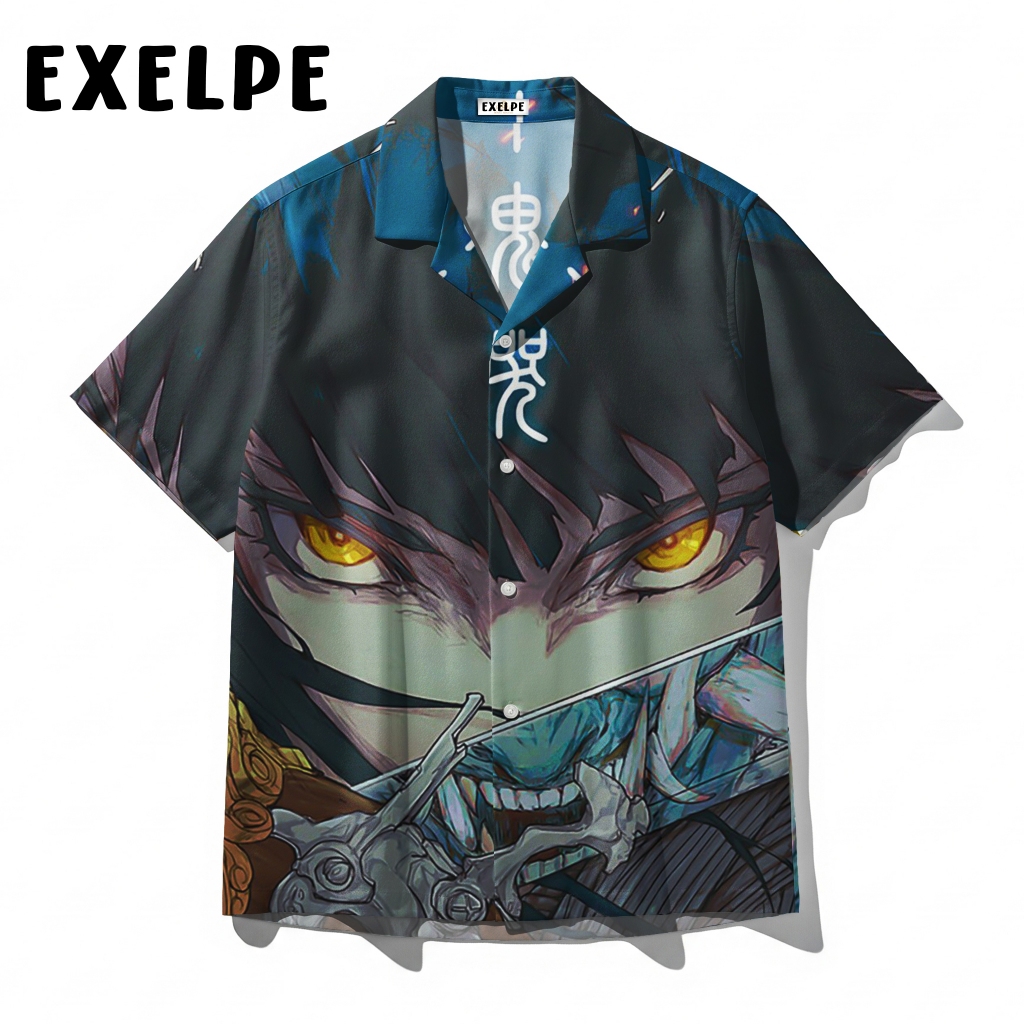 EXELPE Kemeja Hitam Motif Anime Jepang Topeng Oni Samurai Dark Aesthetic