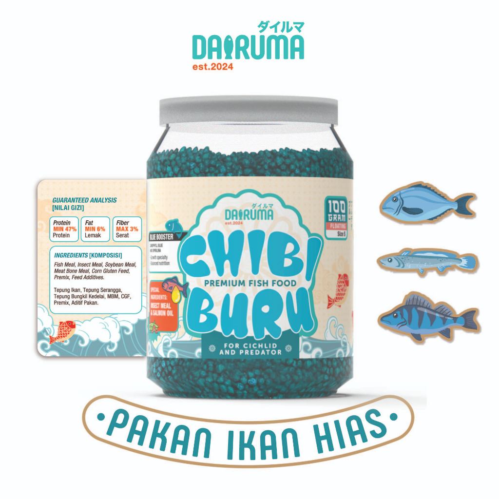 DAIRUMA - Chibi Buru Pelet Ikan Hias Premium BLUE BOOSTER (2 mm & 1 mm)