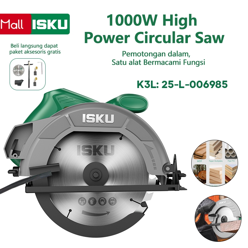 ISKU Circular Saw 1000W Gergaji Listrik Daya Tinggi, Circular Saw Multifungsi Pemotongan Dalam + Pak