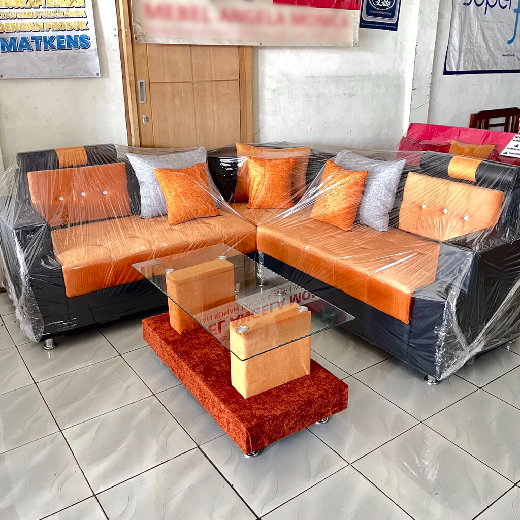 KURSI SOFA SUDUT POJOK LETER L MINIMALIS MEJA KACA